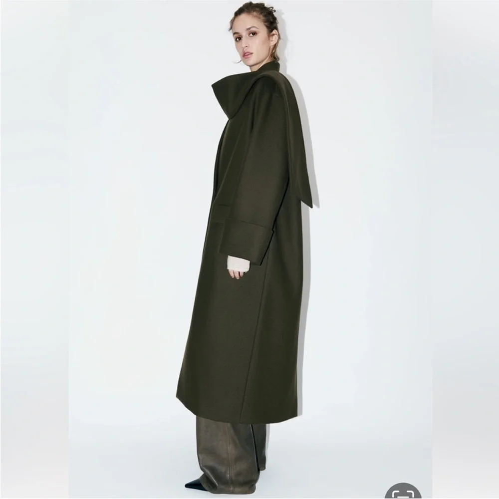 Viral Zara Coat with Scarf Wool, Olive Green. Sz xs/s - Picture 9 of 16